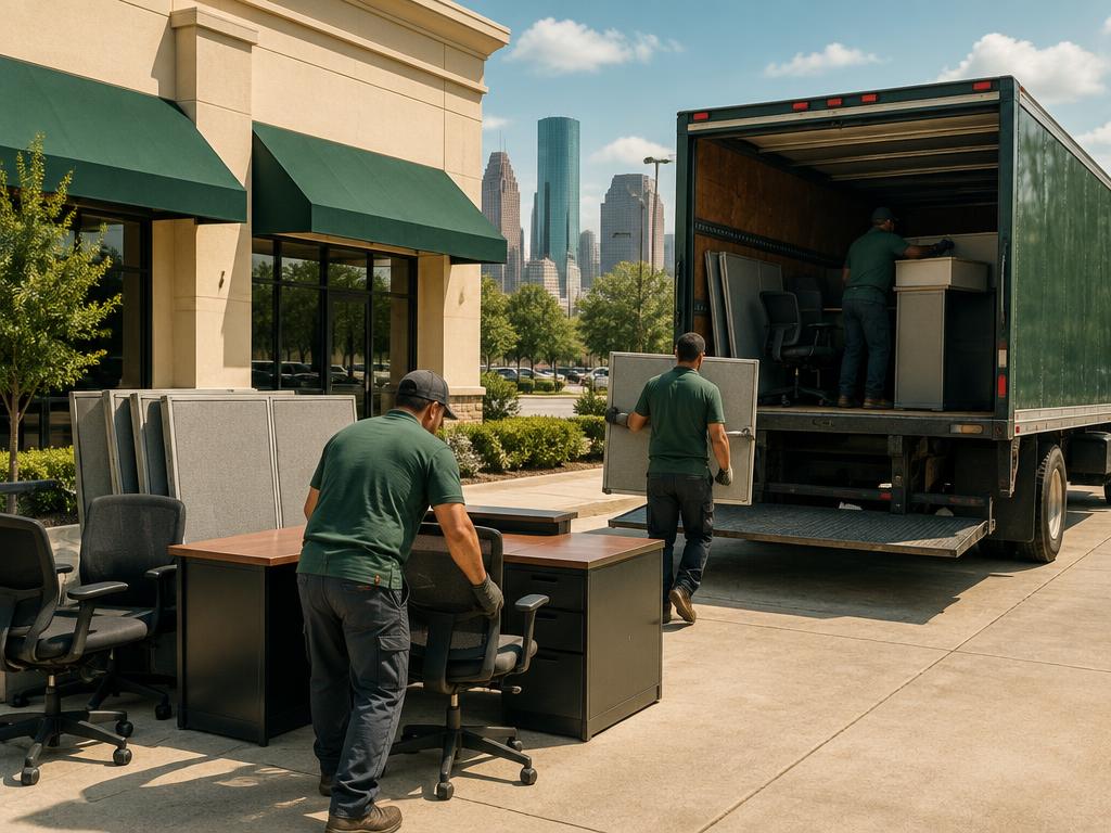 Crew loading old office furniture into a SwiftLift truck outside a storefront