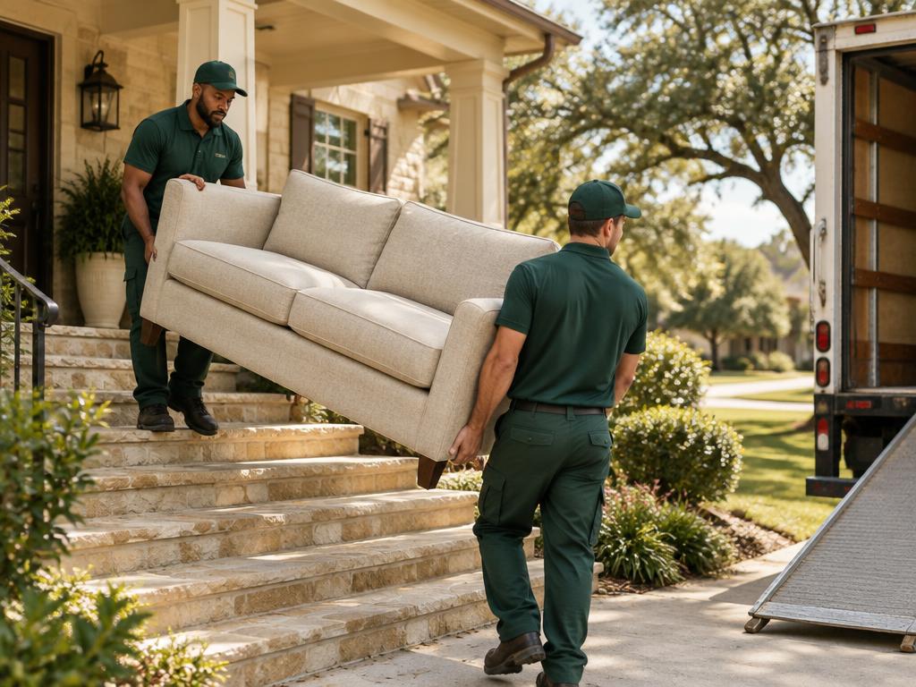 Two movers carrying a sofa down the steps of a Houston home