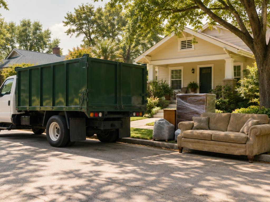SwiftLift truck parked at a Houston home with old furniture on the curb